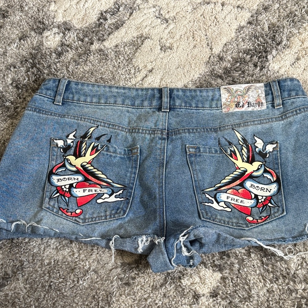 Ed Hardy Blue Jean Shorts with Tattoo Art size 14